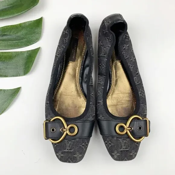 Louis Vuitton Monogram Denim Flash Lotus Black Ballerina Flats Women 37.5 US 7.5 - Picture 1 of 12